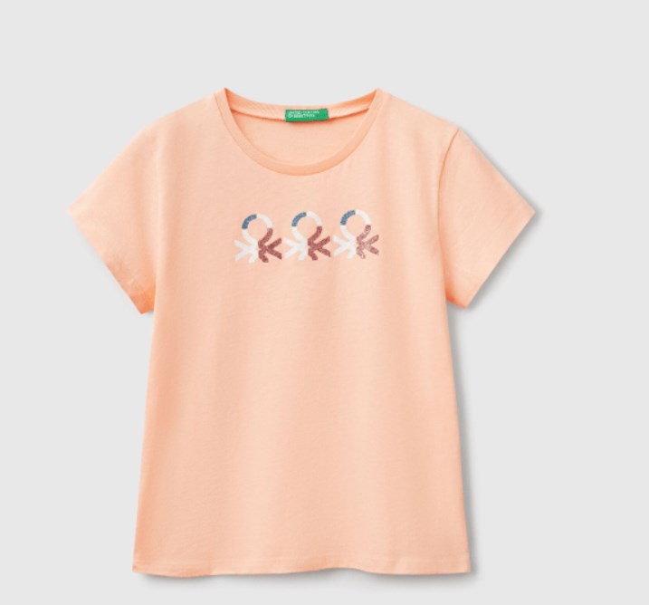 Benetton Kız Çocuk Simli Logo Baskı Tişört 6-14 Yaş SOMON