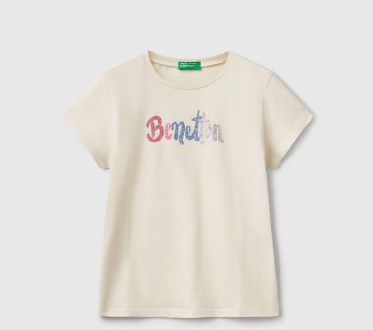 Benetton Kız Çocuk Simli Logo Baskı Tişört 6-14 Yaş BEJ