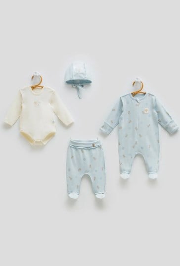 Caramell 4’lü Erkek Bebek %100 Pamuk Zıbın ve Tulum Seti 0-3 Ay MAVİ