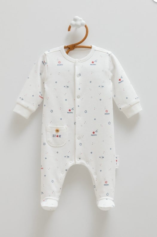 Caramell Erkek Bebek Family Star Unisex %100 Pamuk Yıldız Desenli Çoraplı Bebek Tulumu EKRU