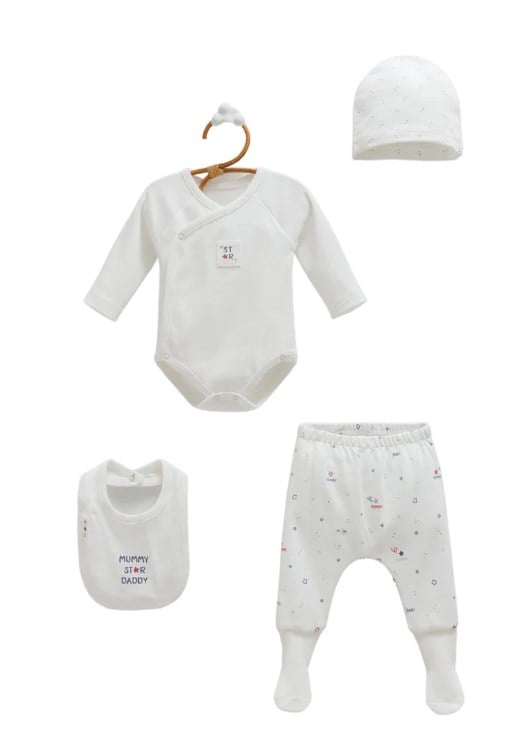 Caramell Family Star 4 lü Unisex %100 Pamuk Bebek Hastane Çıkışı Seti 0-3 Ay EKRU