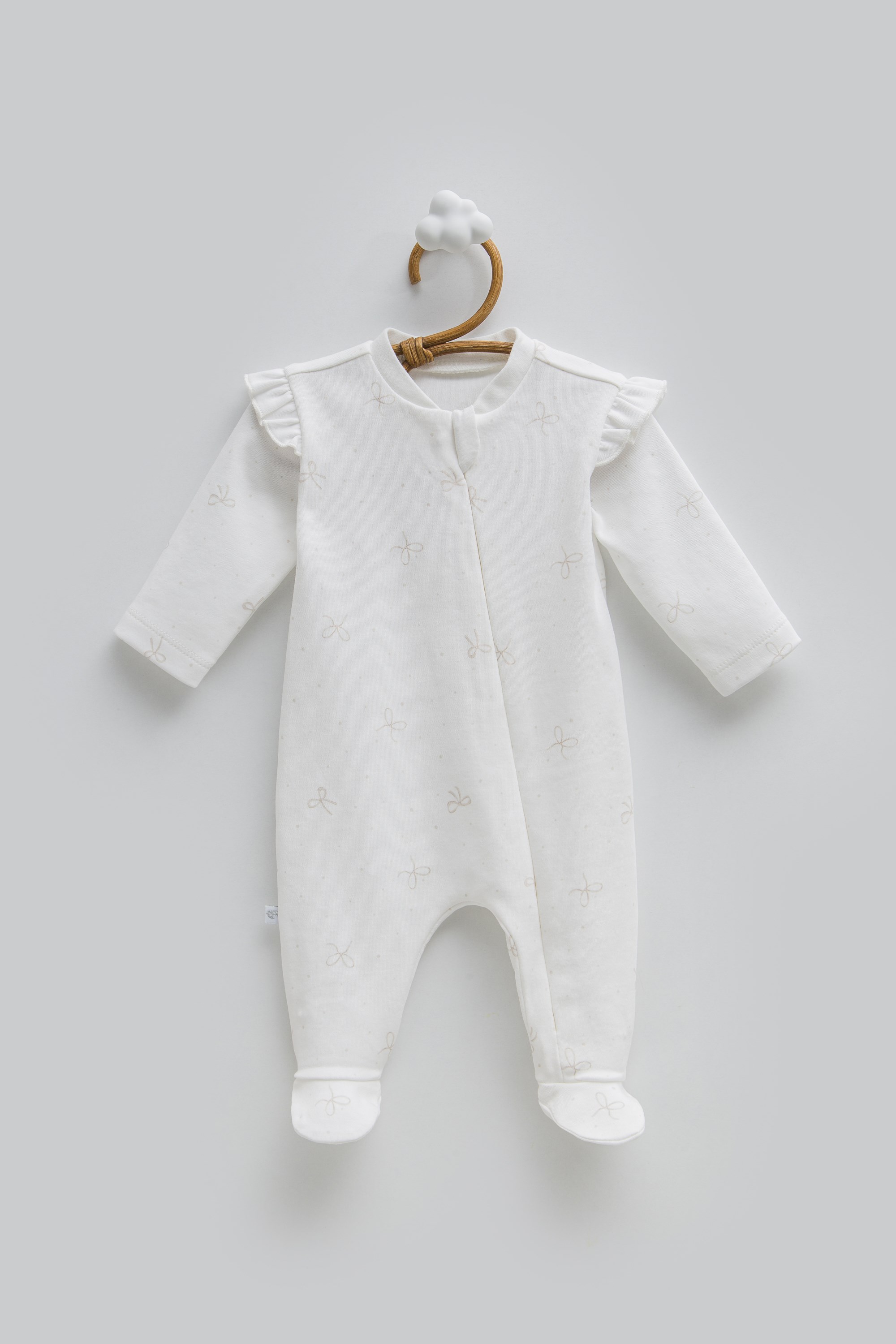 Caramell Fiyonk Desenli %100 Pamuk Kız Bebek Patikli Tulum 0-6 Ay EKRU