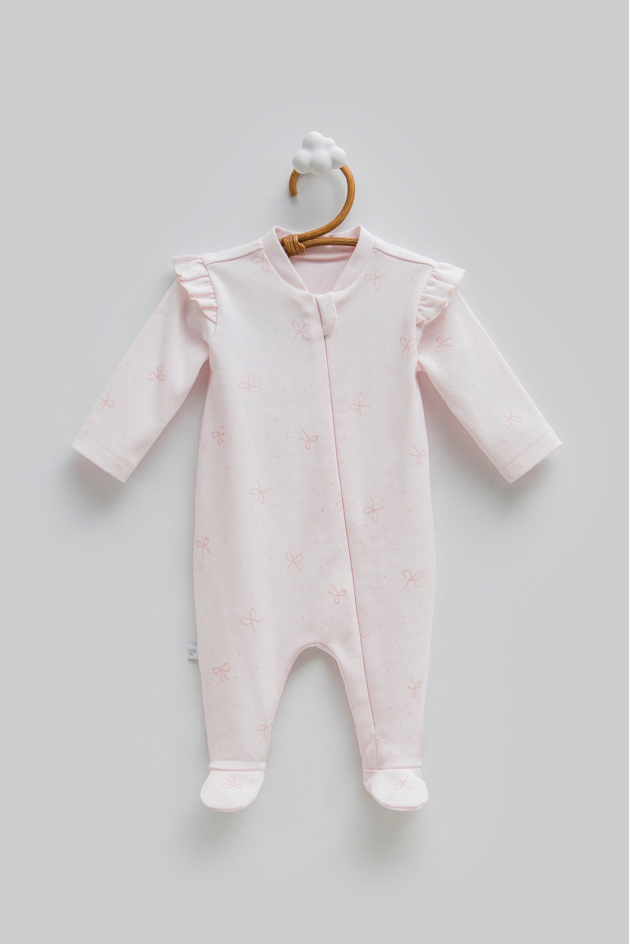 Caramell Fiyonk Desenli %100 Pamuk Kız Bebek Patikli Tulum 0-6 Ay PEMBE