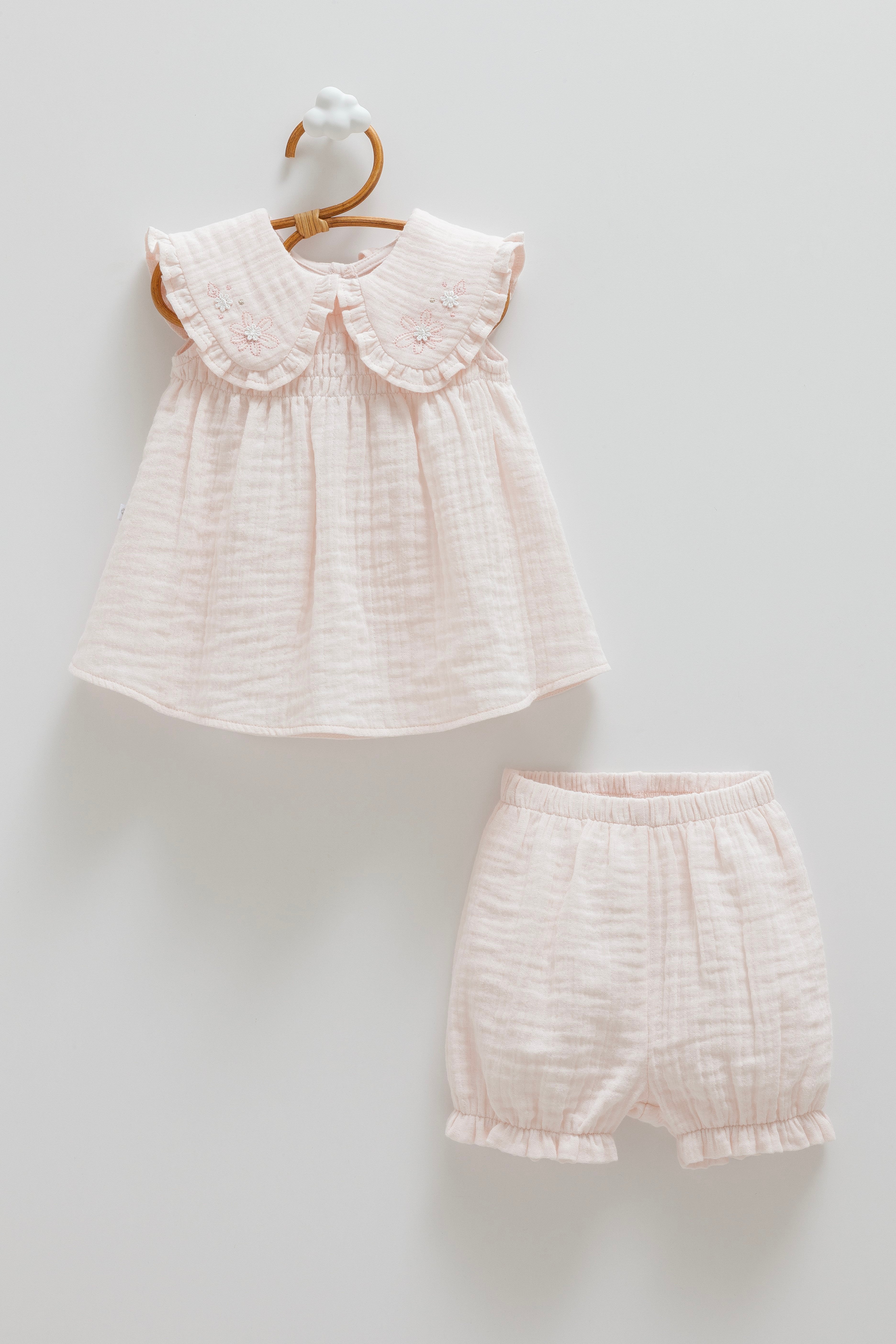 Caramell Kız Bebek Bebe Yaka Müslin Şortlu 2li Takım 9-24 ay PEMBE