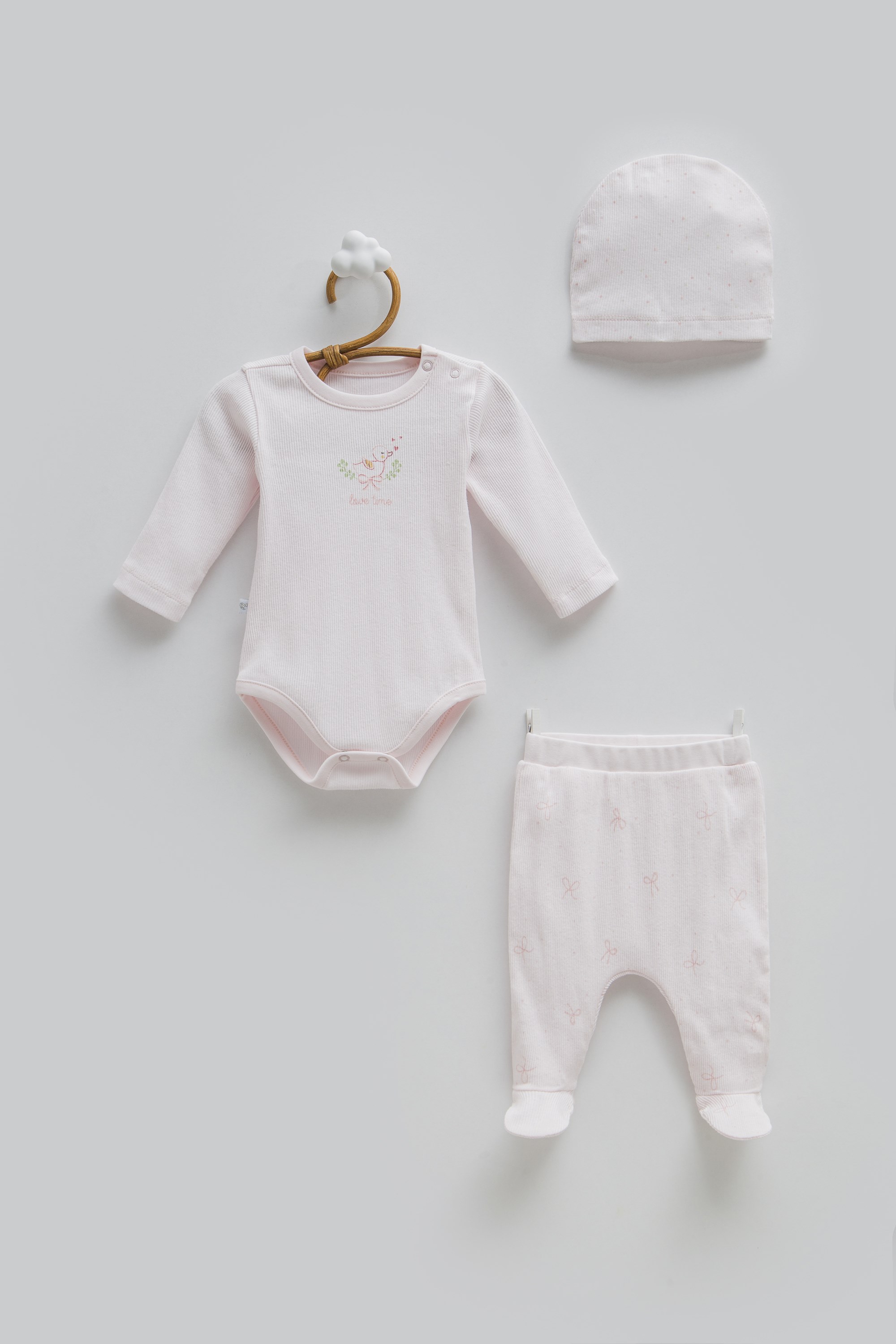 Caramell Kız Bebek Kurdele Baskı 3lü ZIıbnlı Takım 0-12 Ay PEMBE