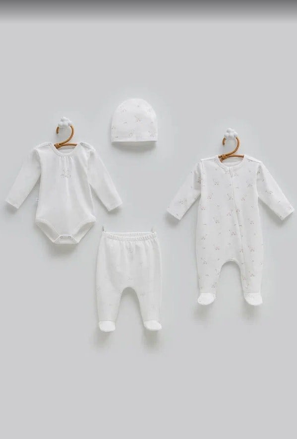 Caramell Kız Bebek Kuş Baskı 4lü Takım Yenidoğan EKRU