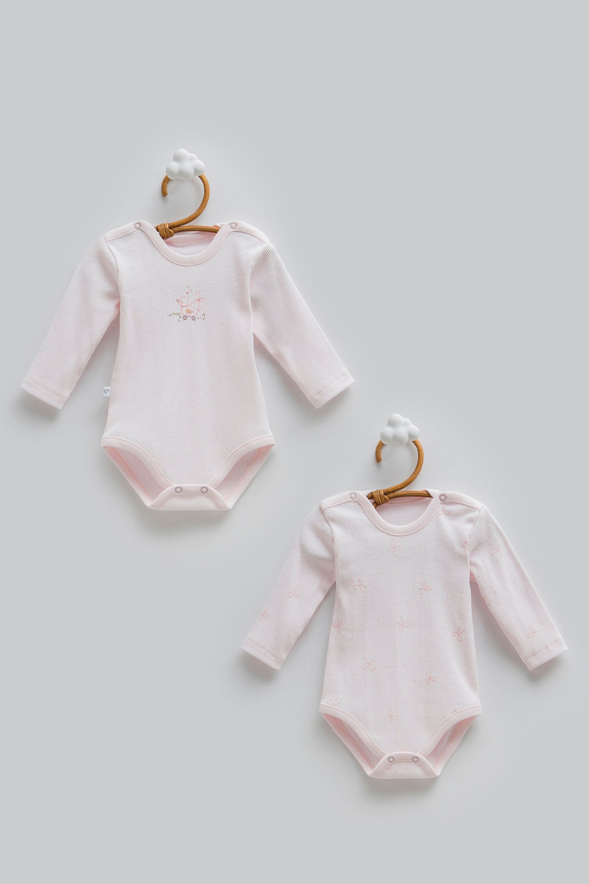 Caramell Kız Bebek Kuzu Desenli Uzun Kollu 2'li Çıtçıtlı Body Zıbın Seti 0-9 Ay PEMBE