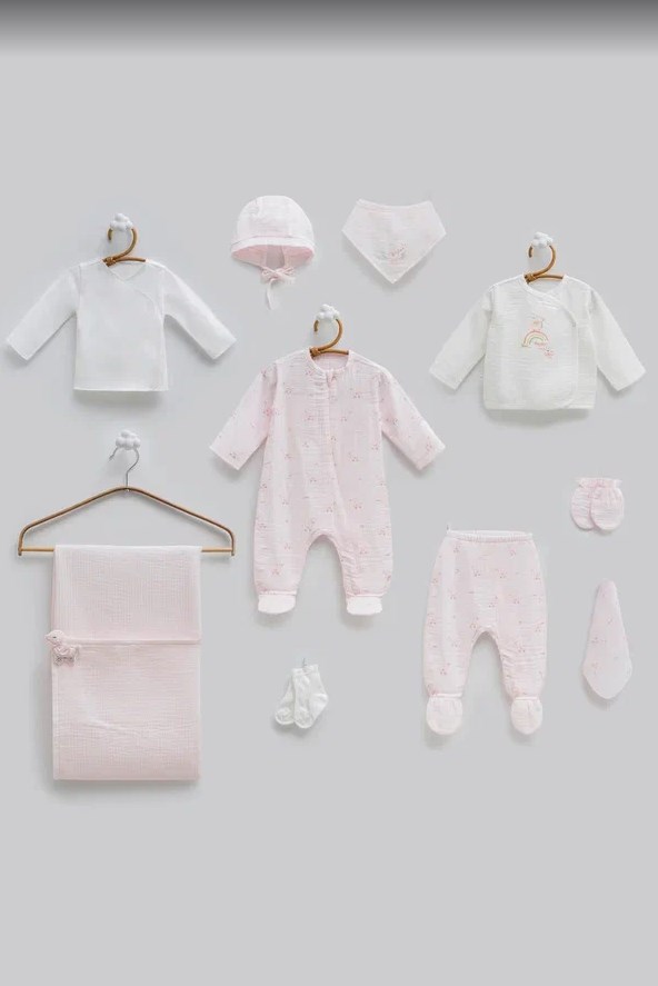 Caramell Kız Bebek Serçe Baskı Müslin 10 Parça Hastane Çıkışı 0-3 Ay PEMBE