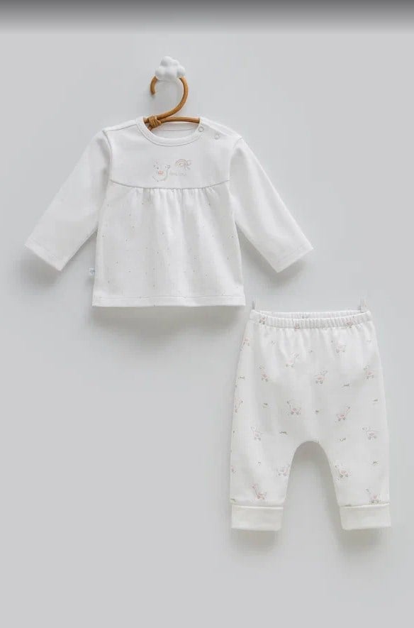 Caramell Kız Bebek Serçe Baskı Penye 2li Takım 3-12 Ay EKRU