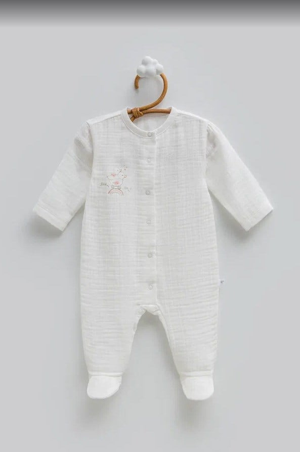 Caramell Kız Bebek Serçe Naskı Patikli Müslin Tulum 0-9 Ay EKRU