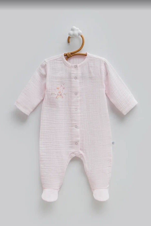 Caramell Kız Bebek Serçe Naskı Patikli Müslin Tulum 0-9 Ay PEMBE