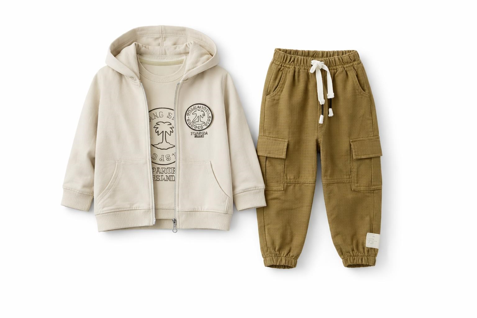 Cocosiss Erkek Bebek Kapişonlu Cepli Kargo Pantalonlu 3lü Takım 2-5 Yaş KREM