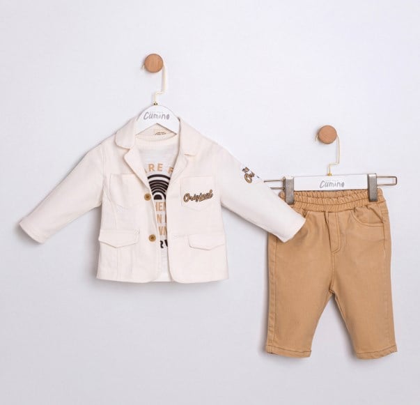 Cumino Erkek Bebek Keten Blazer Ceketli 3lü Takım 9-24 Ay EKRU