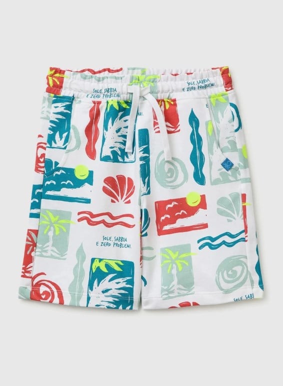 ed Colors of Benetton Erkek Çocuk Çok Renkli Desenli Pamuklu Bermuda Şort 6-14 Yaş KREM