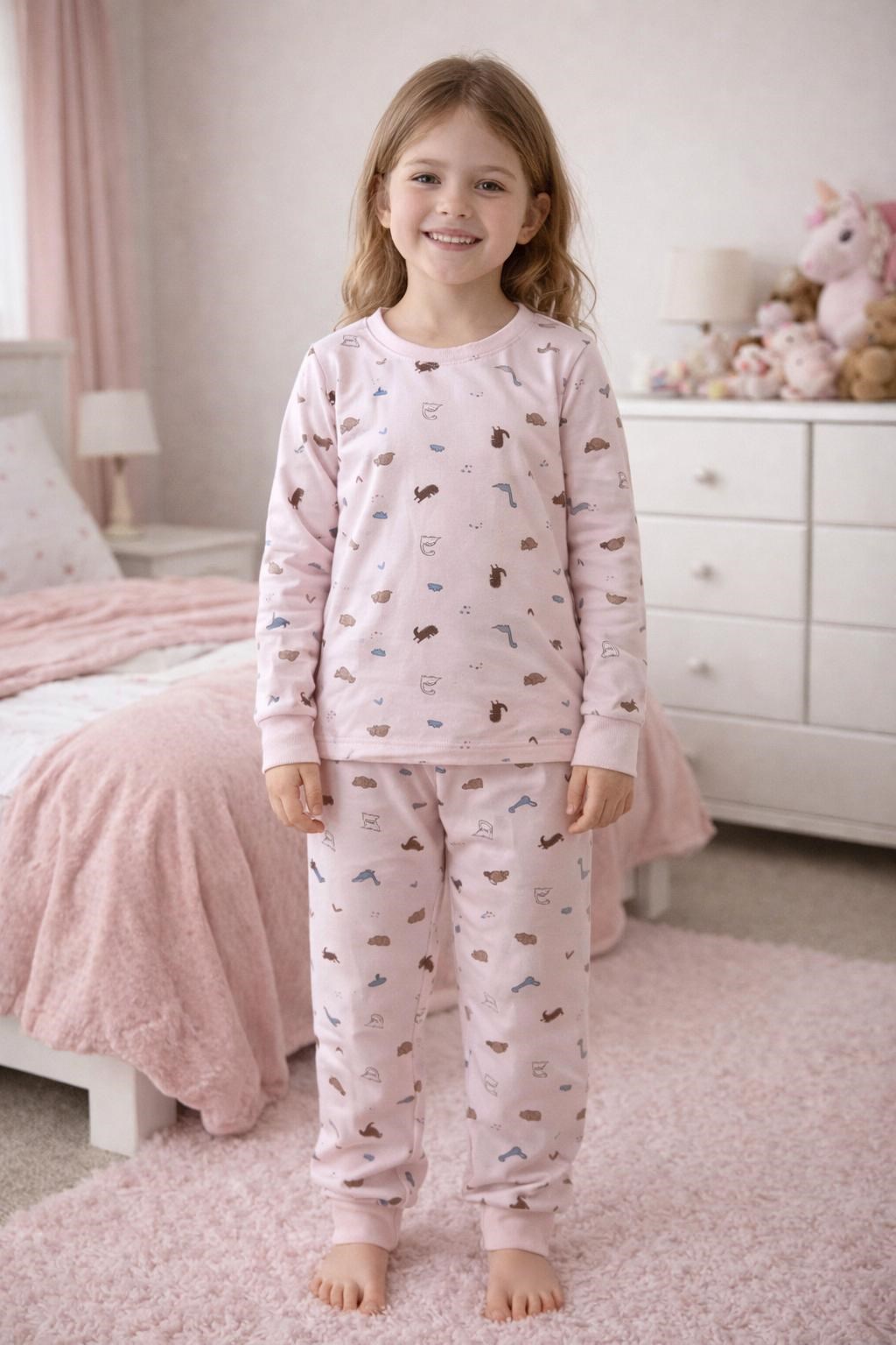 Elmas Kız Çocuk Küçük Hayvan Baskı Uzun Kollu Pijama Takımı 1-5 Yaş SOMON