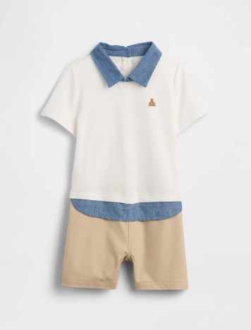 GAP Bebek Beyaz Brannan Bear Nakışlı Chambray Polo Yaka Tulum 0-24 Ay BEYAZ