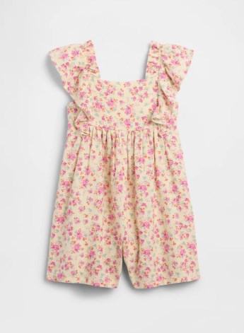 Gap Kız Bebek Çiçek Desenli Kare Yaka Fırfırlı Şort Tulum 6 Ay-5 Yaş PEMBE