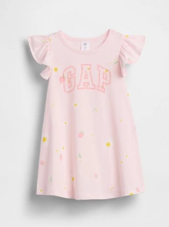 Gap Kız Bebek Toz Pembe Pamuklu Grafik Logo Elbise 0-5 Yaş PUDRA