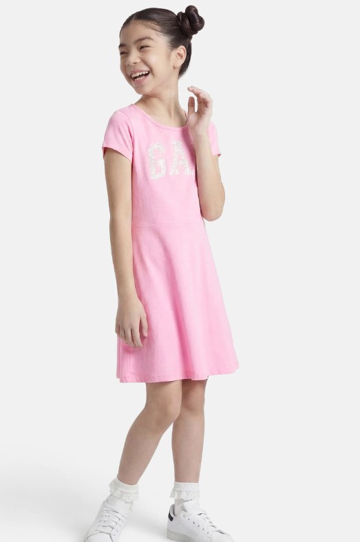 Gap Kız Çocuk Pembe Logo Detaylı Kısa Kollu Jersey Elbise 4-16 Yaş PEMBE