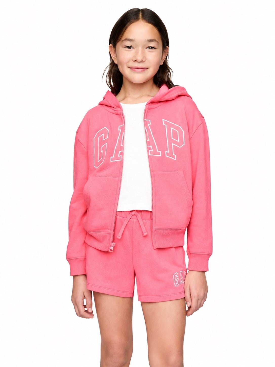 GAP Logo Baskılı Fermuarlı ve Kapüşonlu Kız Çocuk Sweatshirt 6-16 Yaş PEMBE