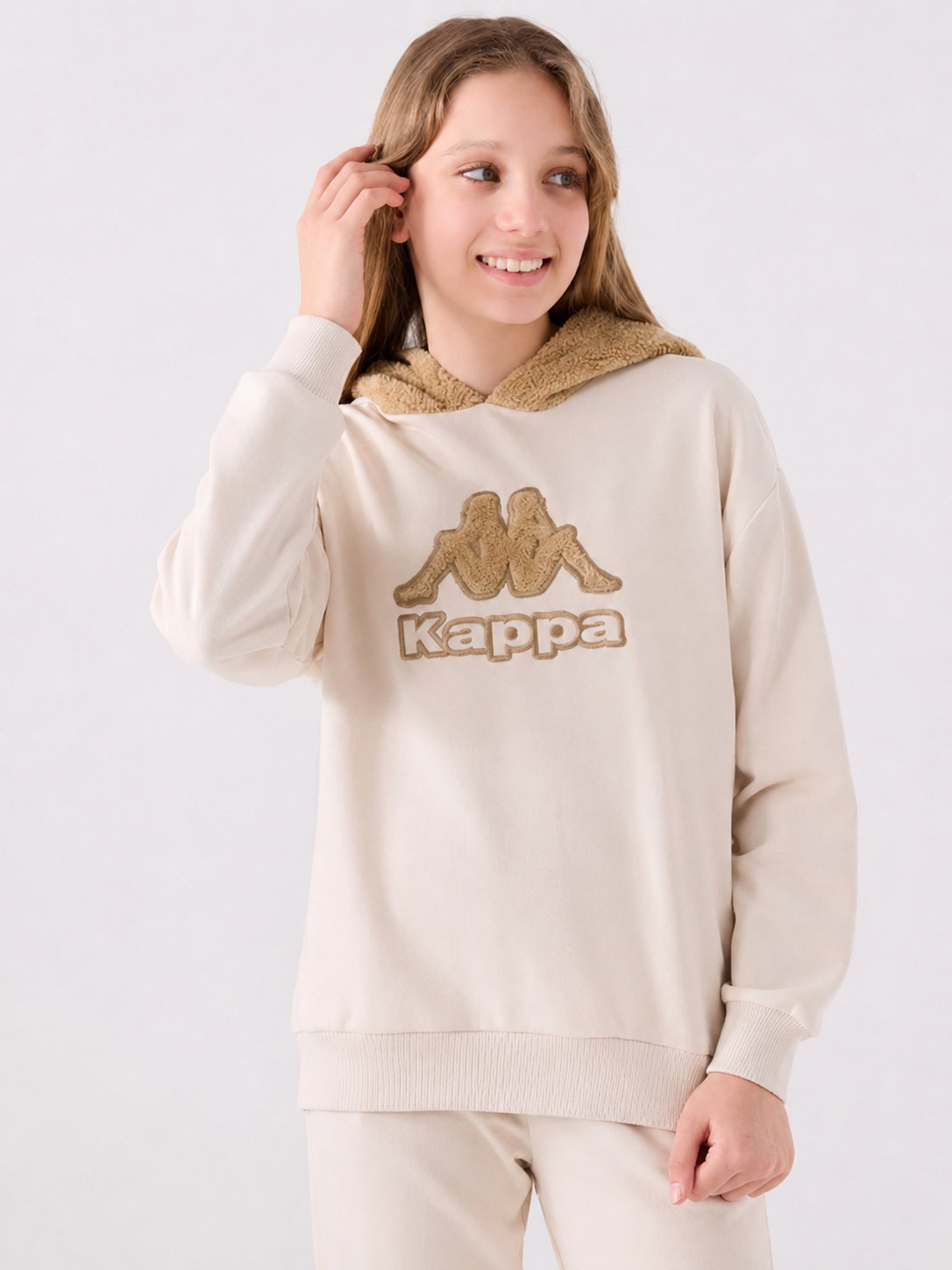 Kappa Kız Çocuk Nakış Logolu Kapüşonlu Peluş  Sweatshirt 5-16 Yaş BEJ