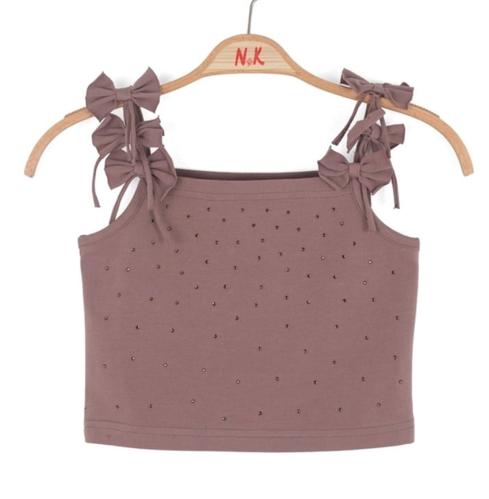KIZ ÇOCUK FİYONK ASKILI CROP KAHVERENGİ