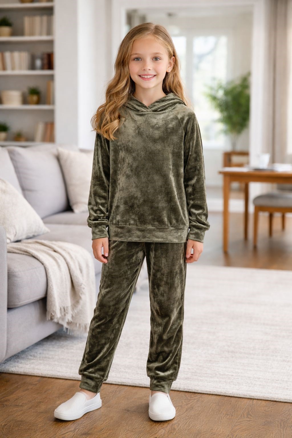 Lovetti Kız Çocuk Kadife Kapşonlu Pijama Takımı 5-16 Yaş YEŞİL