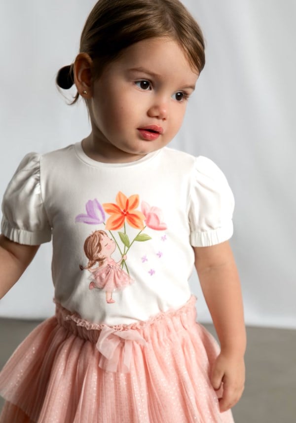Mayoral Kız Bebek İşlemeli Balon Kol T-shirt 0-4 Yaş BEYAZ