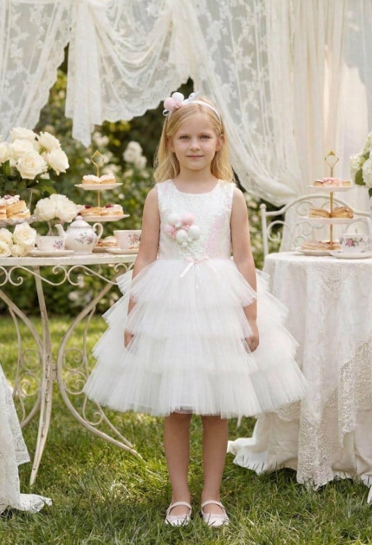 Pamina Kız Çocuk Balon Detaylı Abiye Elbise 3-7 Yaş BEYAZ