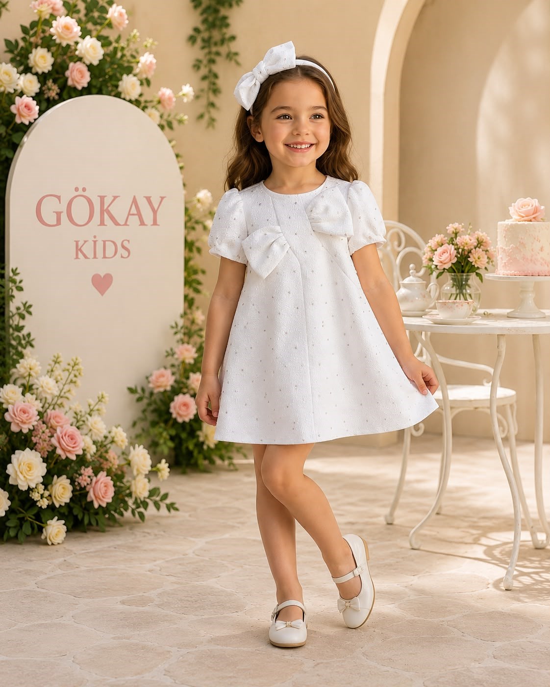 Pamina Kız Çocuk Fiyonk Detaylı Abiye Elbise 3-7 Yaş EKRU
