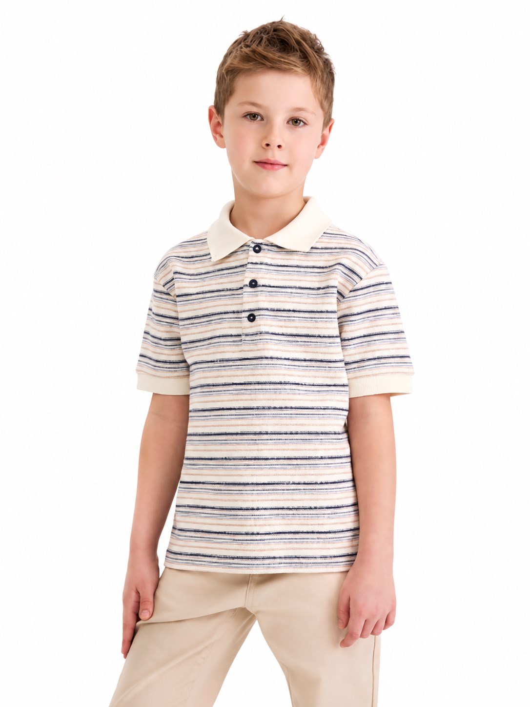 Panço Erkek Çocuk Çizgili Polo Yaka Pamuklu Tişört 6-12 Yaş EKRU