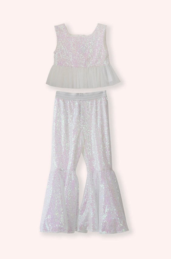 Panço Kız Çocuk Pul Payetli  İspanyol Paça Pantolon ve Crop Takım 3-9 Yaş BEYAZ - PEMBE