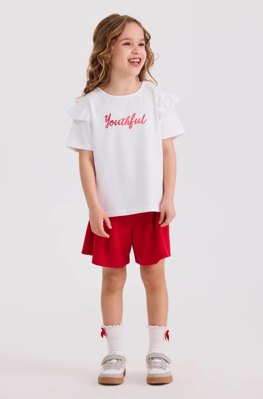 Panço Kız Çocuk Youthful Baskılı Fırfırlı Kısa Kollu Tişört 4-12 Yaş BEYAZ