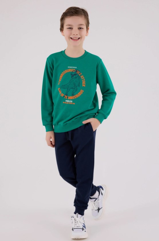 RolyPoly Erkek Çocuk Dinozor Baskılı Yeşil Bisiklet Yaka Sweatshirt ve Eşofman Takımı 8-14  Yaş KOYU YEŞİL