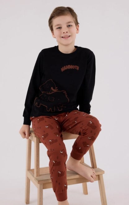 RolyPoly Erkek Çocuk Mamut Baskılı Uzun Kollu Pamuklu Pijama Takımı 2-8 Yaş SİYAH