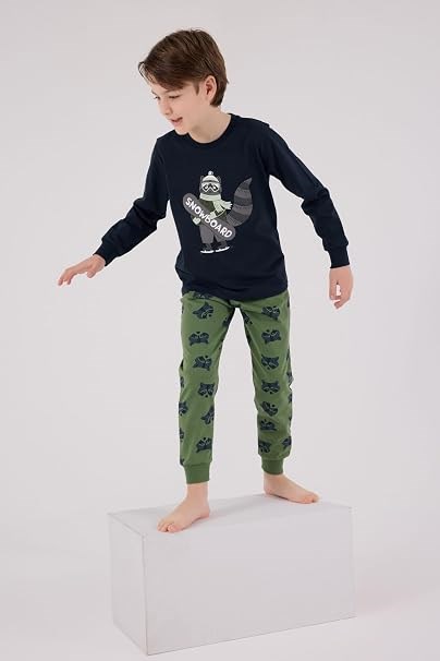Rolypoly Erkek Çocuk Snowboard Rakun Baskılı Uzun Kol Pijama Takımı 2-8 Yaş NAVY
