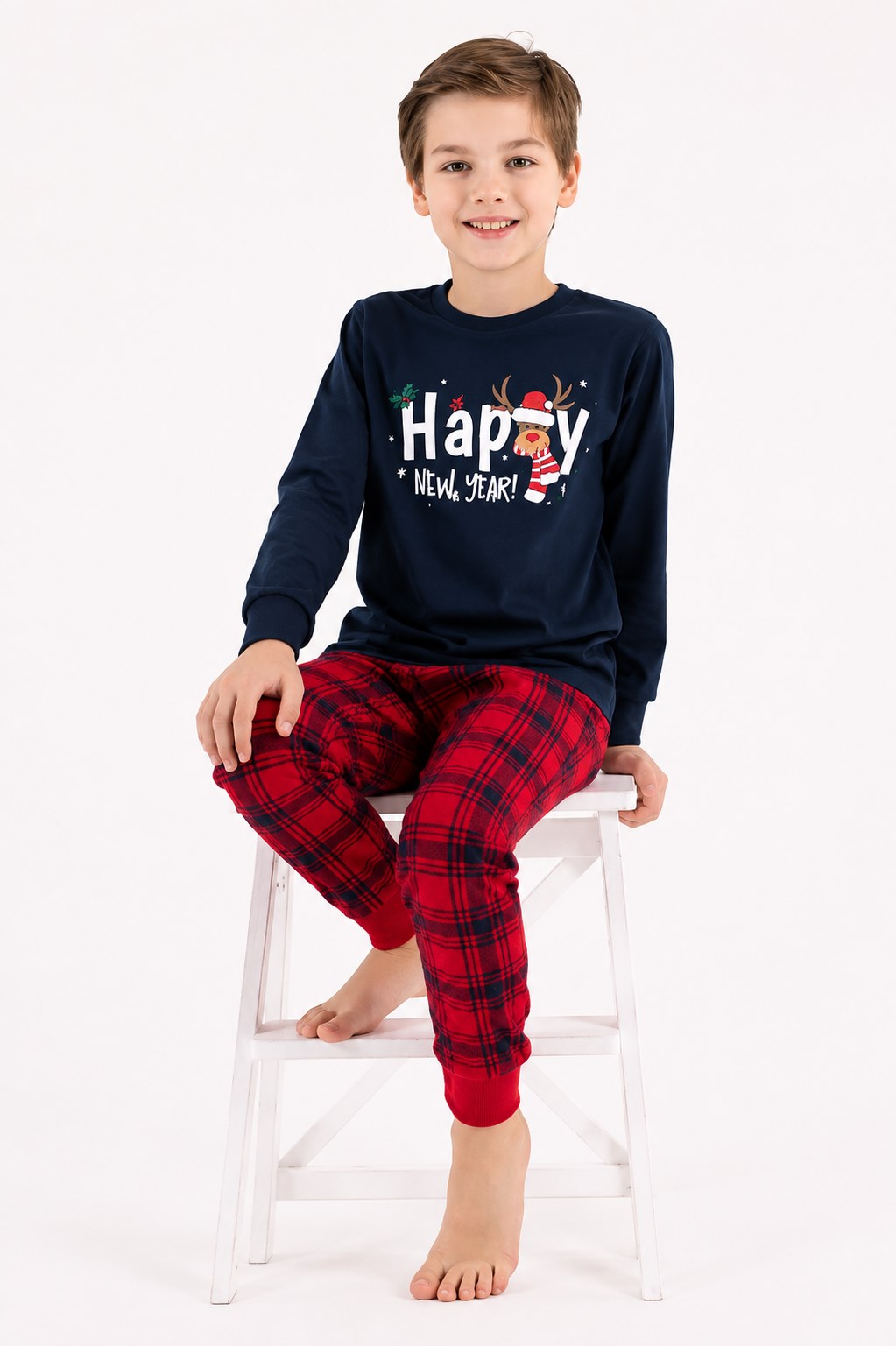 Rolypoly Erkek Çocuk Yılbaşı Temalı Ekose Pijama Takım 8-15 Yaş LACİVERT