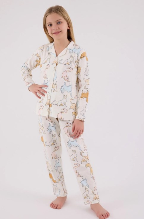 Rolypoly Kedi Desenli Düğmeli Kız Çocuk Gömlek Pijama Takımı 8-15 Yaş BEYAZ