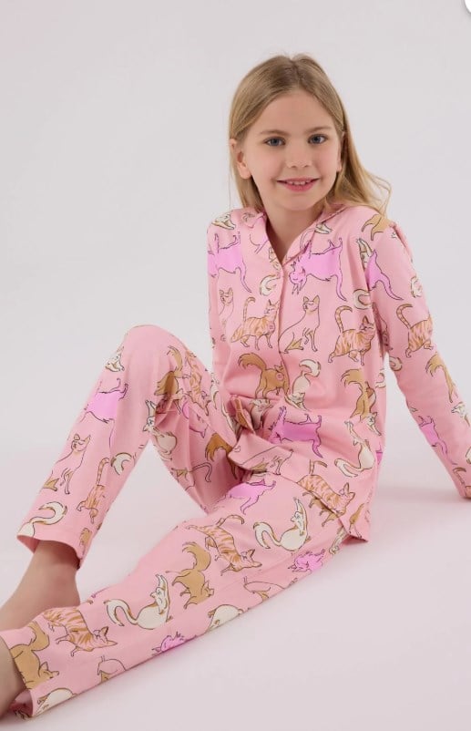Rolypoly Kedi Desenli Düğmeli Kız Çocuk Gömlek Pijama Takımı 8-15 Yaş PEMBE