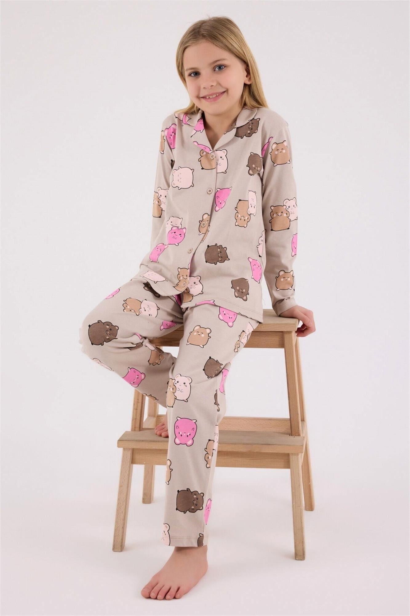 Rolypoly Kız Çocuk Gömlek Pijama Takımı  Sevimli Karakter Baskılı Önden Düğmeli Set 2-8 Yaş BEJ
