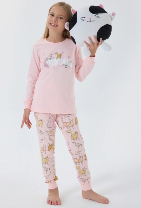 RolyPoly Kız Çocuk Kedi Baskılı Uzun Kollu Pijama Takımı 2-8 Yaş AÇIK PEMBE