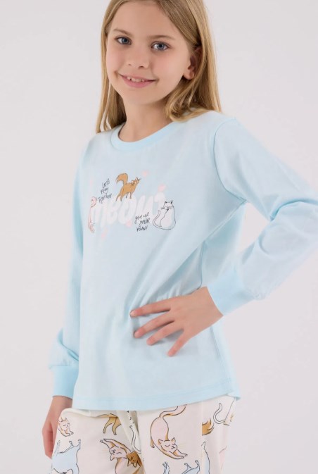 RolyPoly Kız Çocuk Meow Baskı Uzun Kollu Pijama Takımı 8-15 Yaş MAVİ