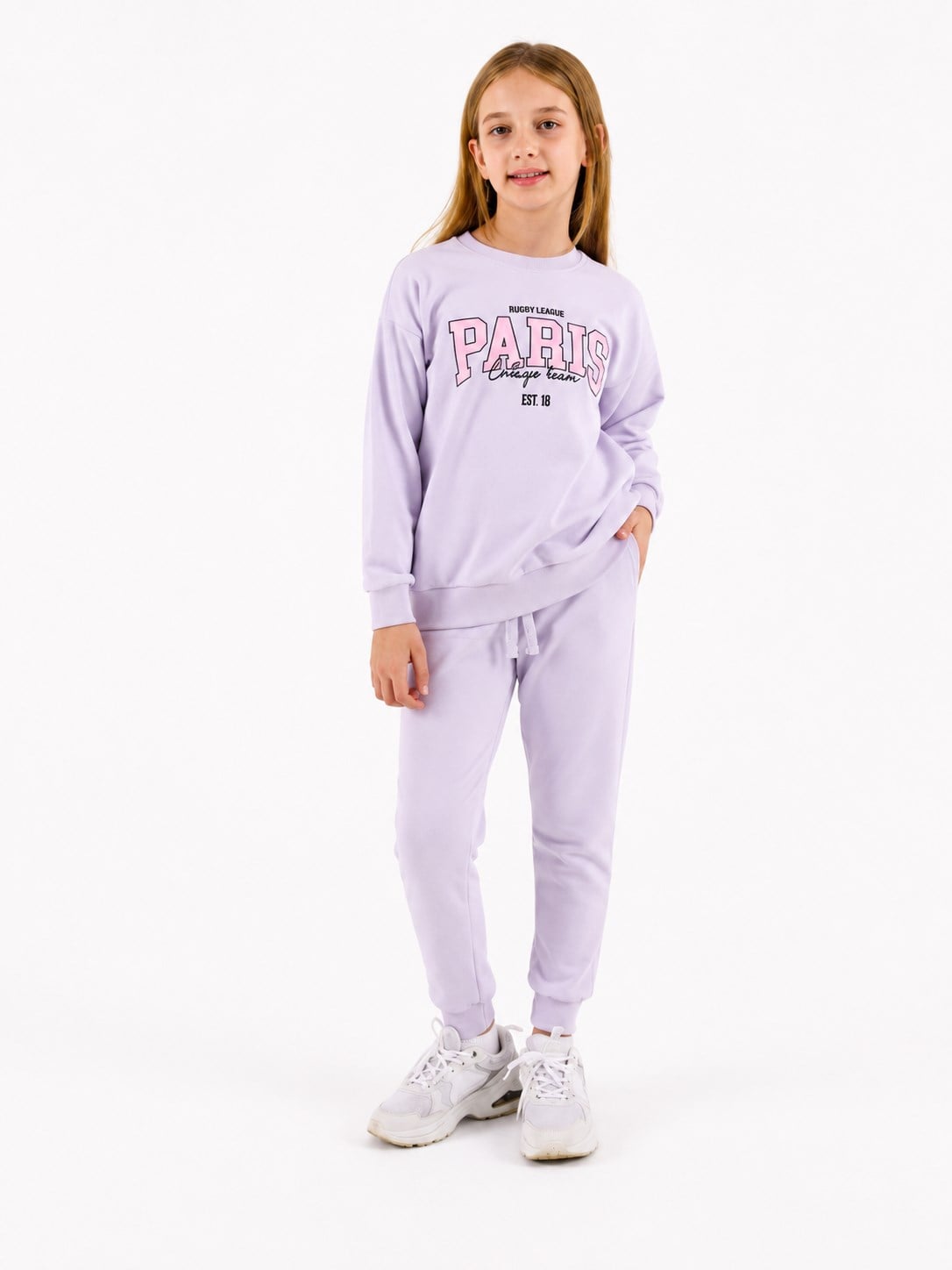 Rolypoly Kız Çocuk Paris Baskılı Bisiklet Yaka Sweatshirt ve Eşofman Altı İkili Takım 2-8 Yaş LİLA