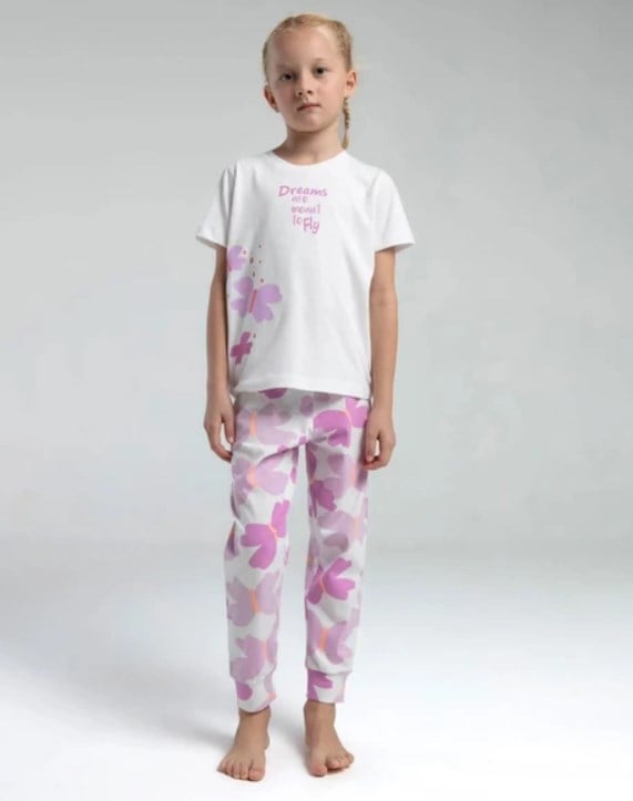Rolypoly Kız Çocuk Pembe Kelebek Desenli Pamuklu Pijama Takımı 2-8 Yaş BEYAZ