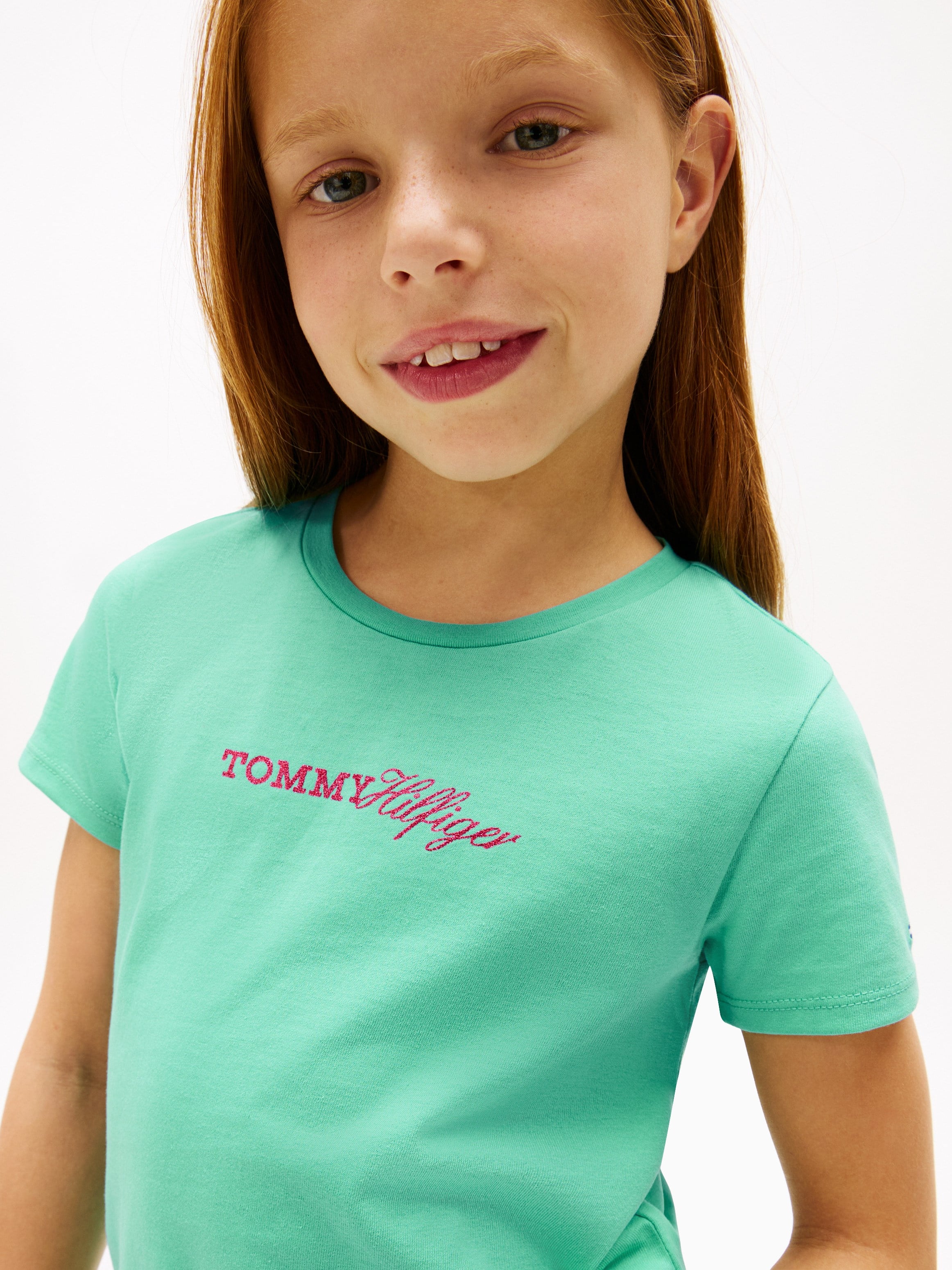 Tommy HilfigerKız Çocuk  Bisiklet Yaka Logo Baskılı Pamuklu T-shirt 4-16 Yaş YEŞİL
