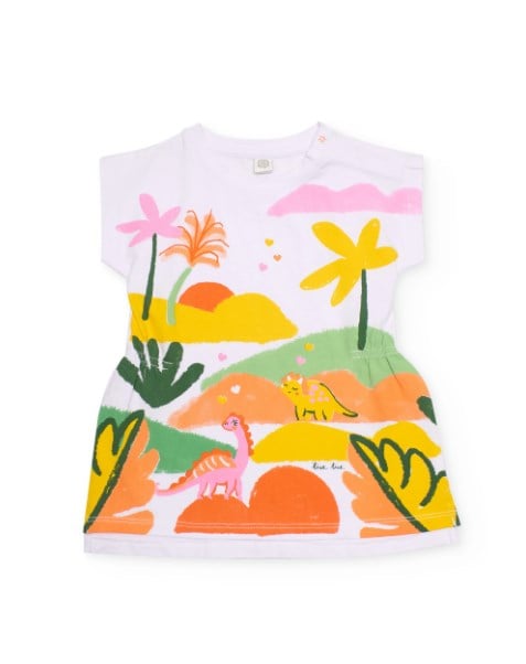 Tuc Tuc Kız Çocuk Dinazor Baskı Beli Lastikli  Elbise 2-8 Yaş BEYAZ