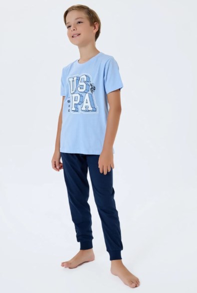 U.s Polo Assn Erkek Çocuk Kısa Kollu Uspa Yazı Baskılı Pijama Takımı 5-8 Yaş MAVİ