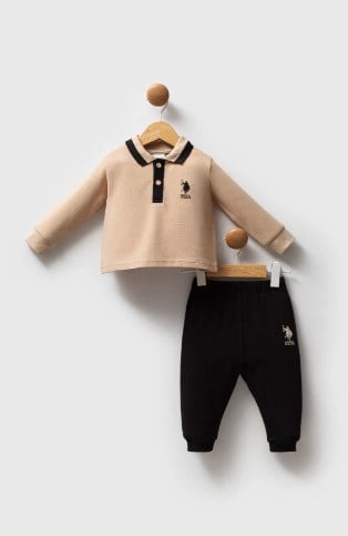 U.s Polo Assn Erkek Bebek Düğmeli Yaka Lastikli Alt 2'Li Takım 1-3 Yaş BEJ
