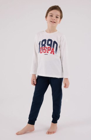 U.s Polo Assn. Erkek Çocuk Uspa Yazı Baskılı Uzun Kollu Pijama Takımı 8-15 Yaş BEYAZ