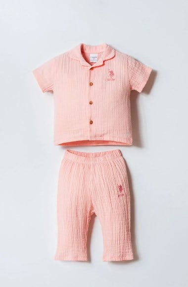 U.S Polo Assn. Kız Bebek Müslin Gömlek Pijama Takımı 6 Ay-3 Yaş PUDRA